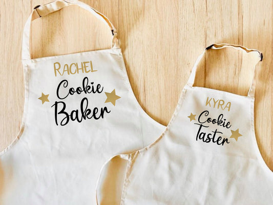 Cookie Baker/Cookie Taster Apron Set for ADULT & CHILD - Personalised with name - Mum Dad Grandparent Kids Christmas Baking Apron